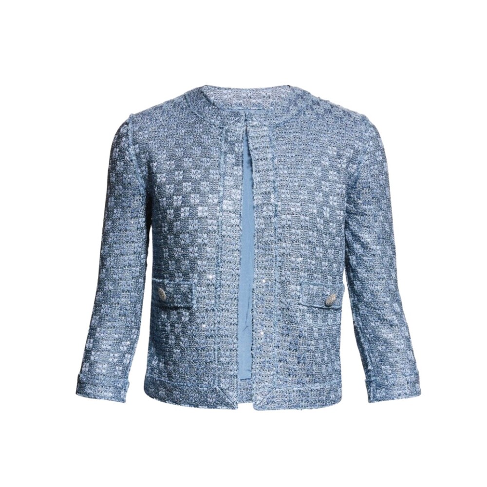 ST JOHN Paillette Check Knit Tweed Jacket Blazer SZ 0 Blue Shimmer Gems $1600